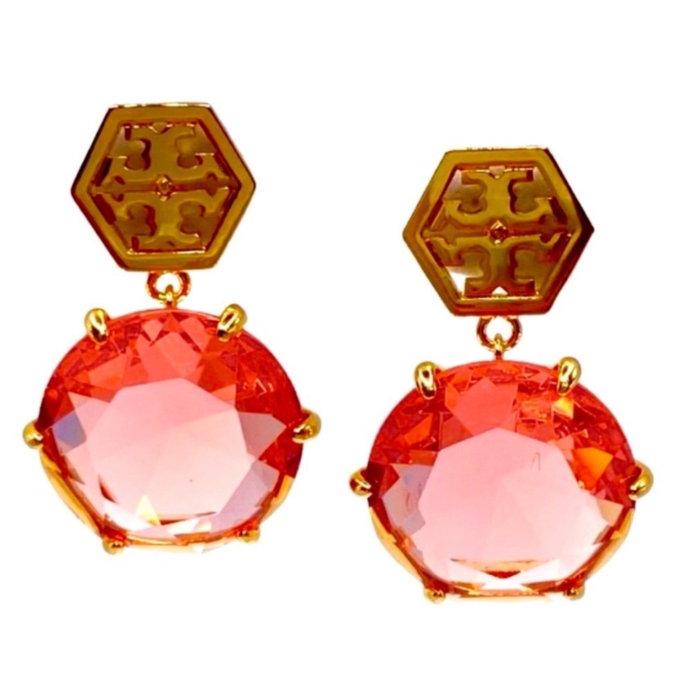 Tory Burch Gold and Clear Red stone Hexagon drop earrings Earrings